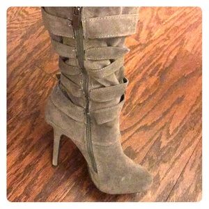 Fur-lined gray suede mid calf high heel boots